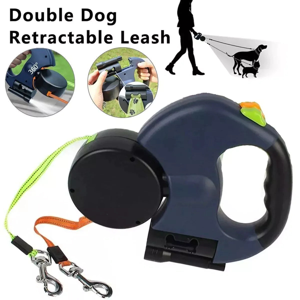 2-in-1 Retractable Dog Leash | Dual Tangle-Free Lead with Night Light