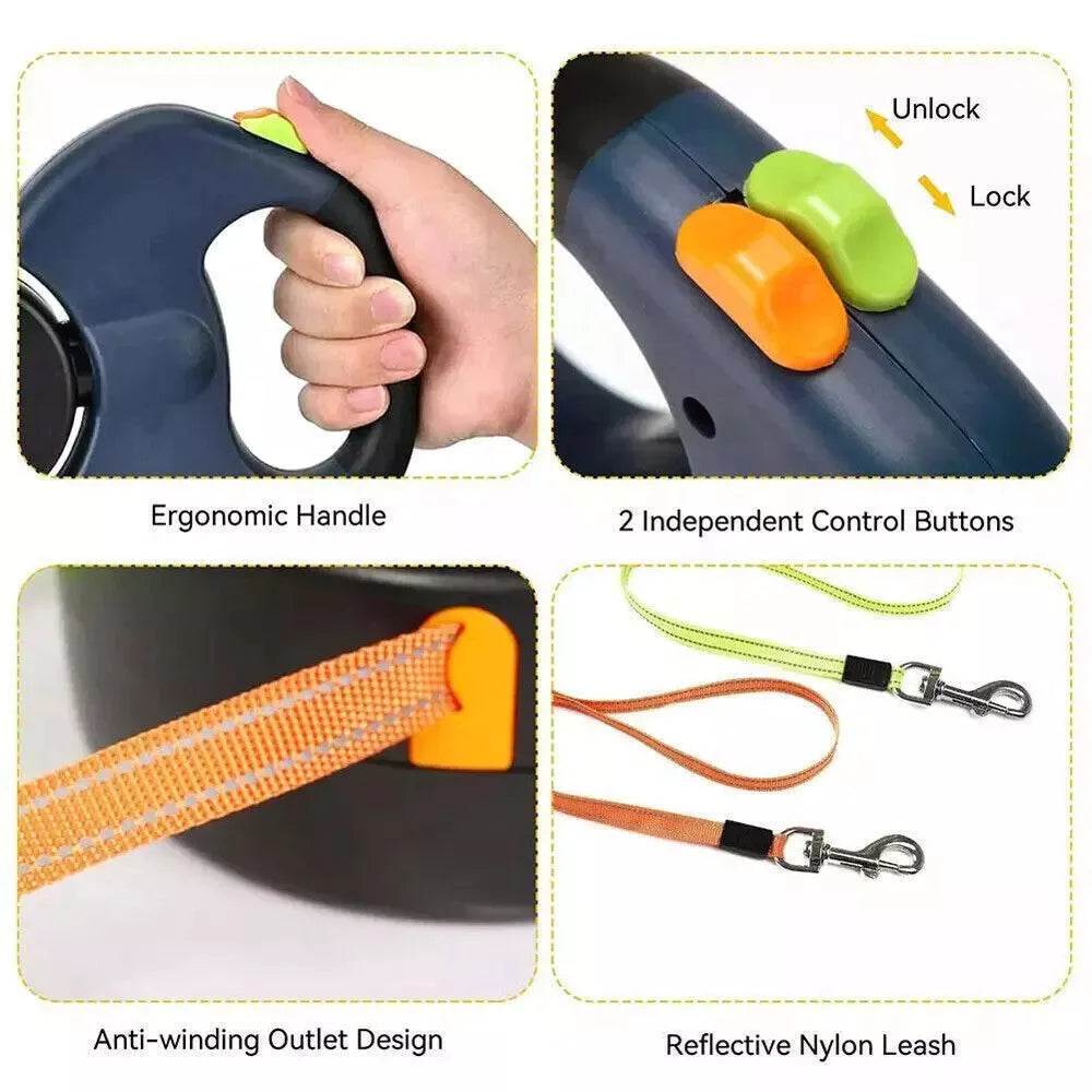 2-in-1 Retractable Dog Leash | Dual Tangle-Free Lead with Night Light