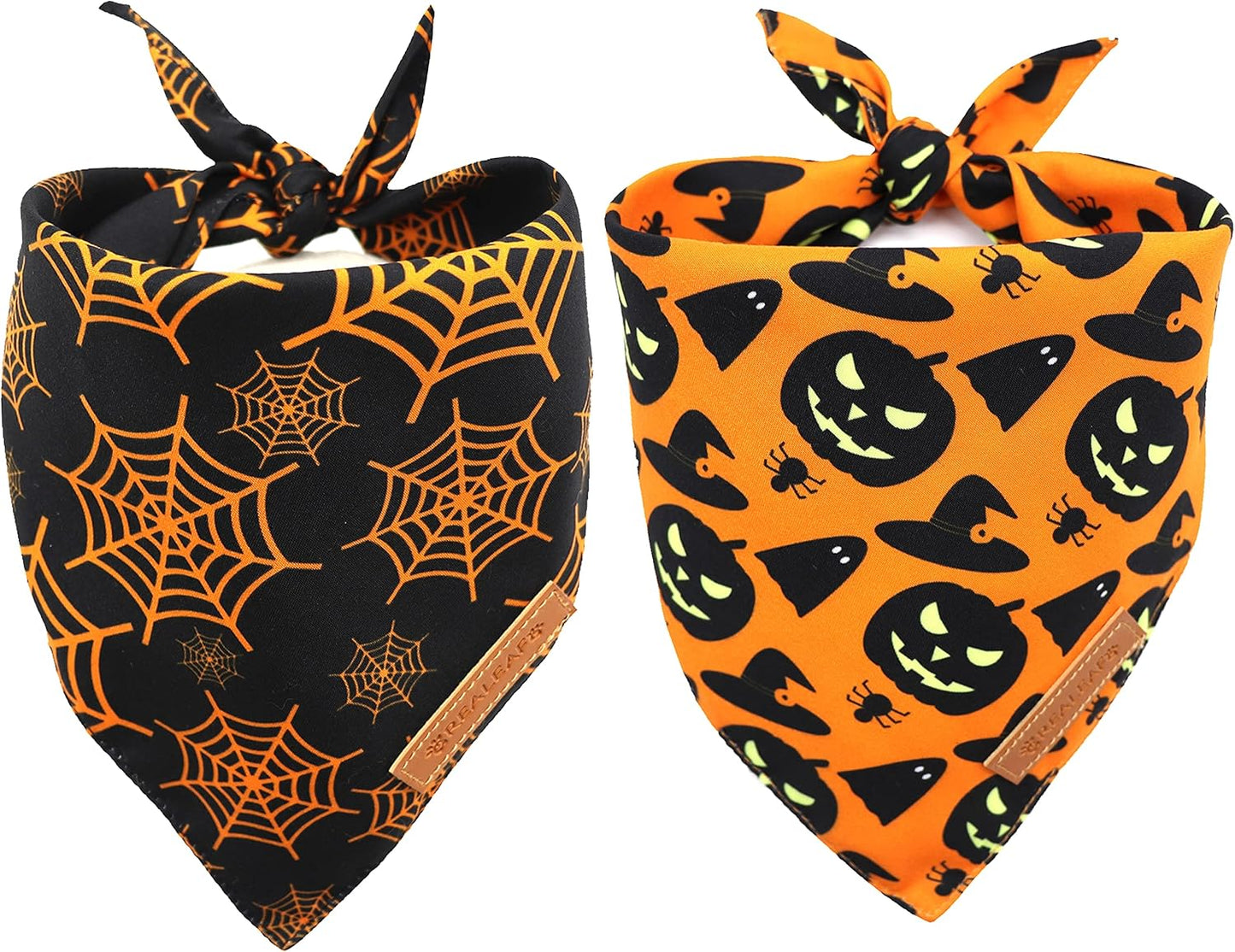 Halloween Dog Bandanas 2 Pack, Pumpkin and Spider Web Bibs (Large)