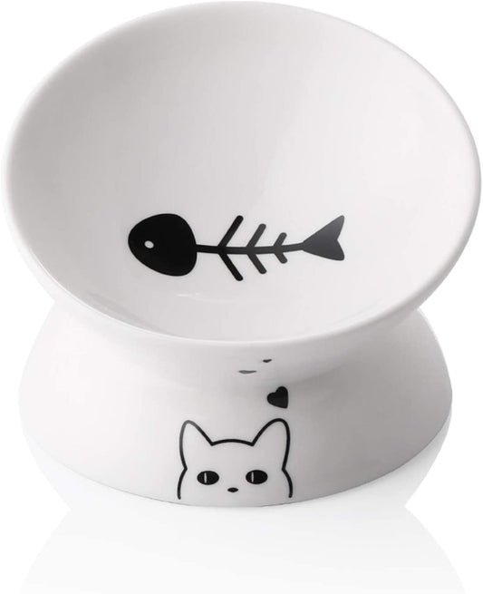 Ceramic Raised Cat Bowls – Slanted & Elevated Feeder (White)