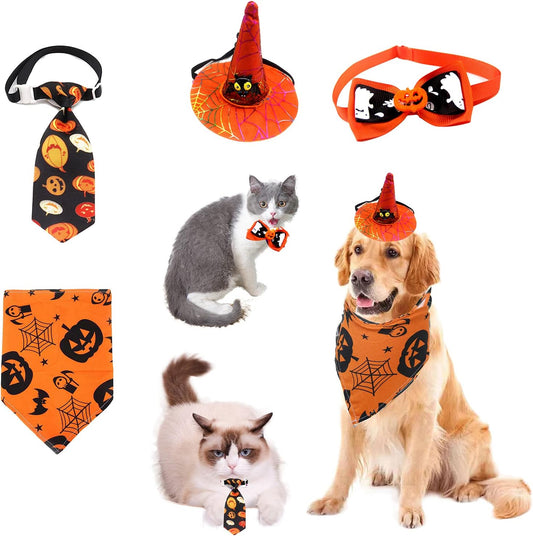 4-Piece Halloween Pet Bandana Set with Hat & Charms (Orange)