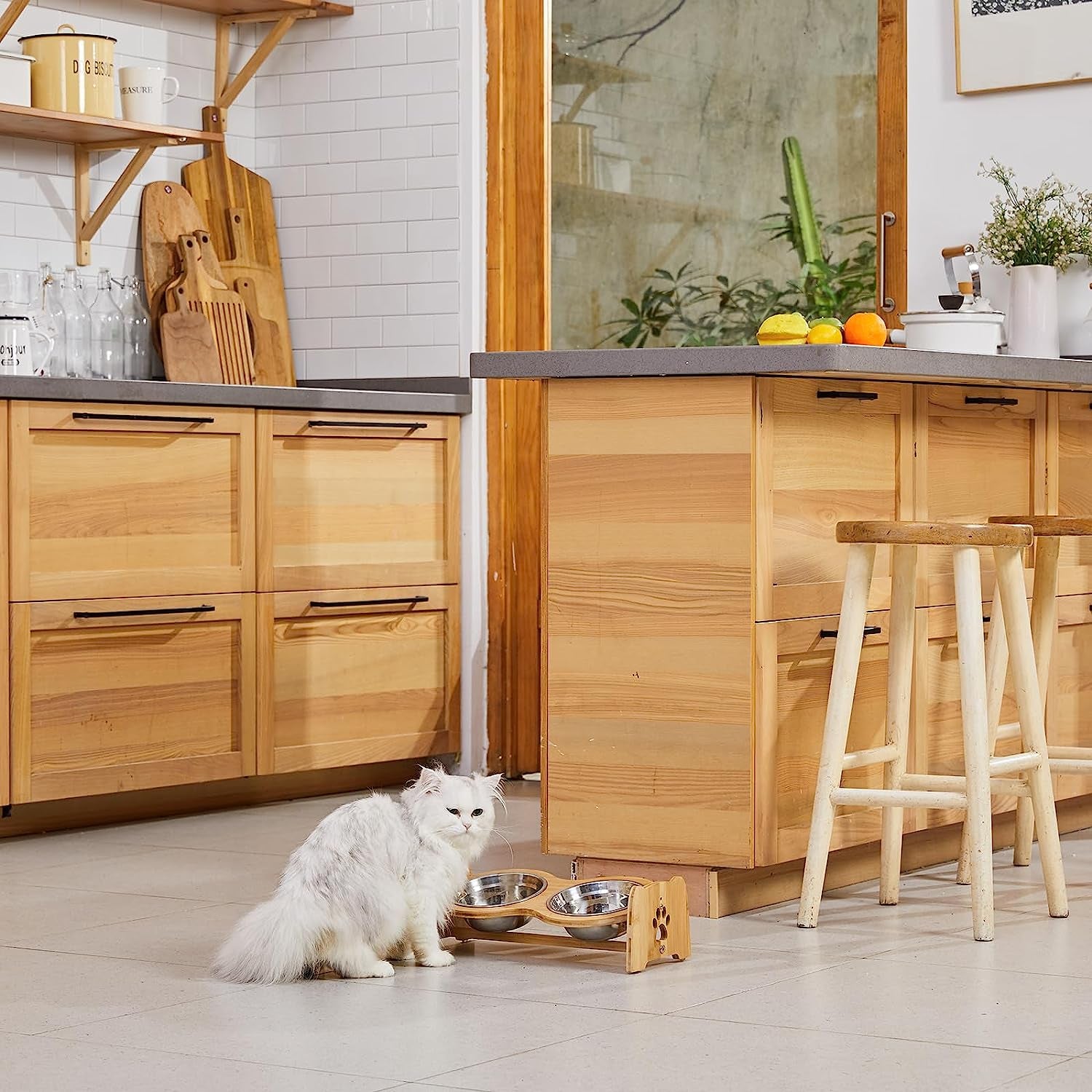 Adjustable Bamboo Elevated Dog Bowls with 2 Stainless Steel Bowls (4”–4.5”)