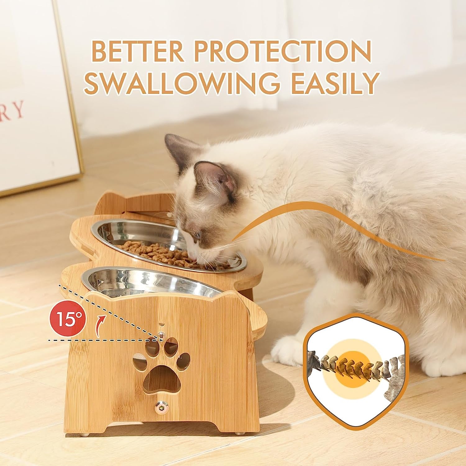 Adjustable Bamboo Elevated Dog Bowls with 2 Stainless Steel Bowls (4”–4.5”)