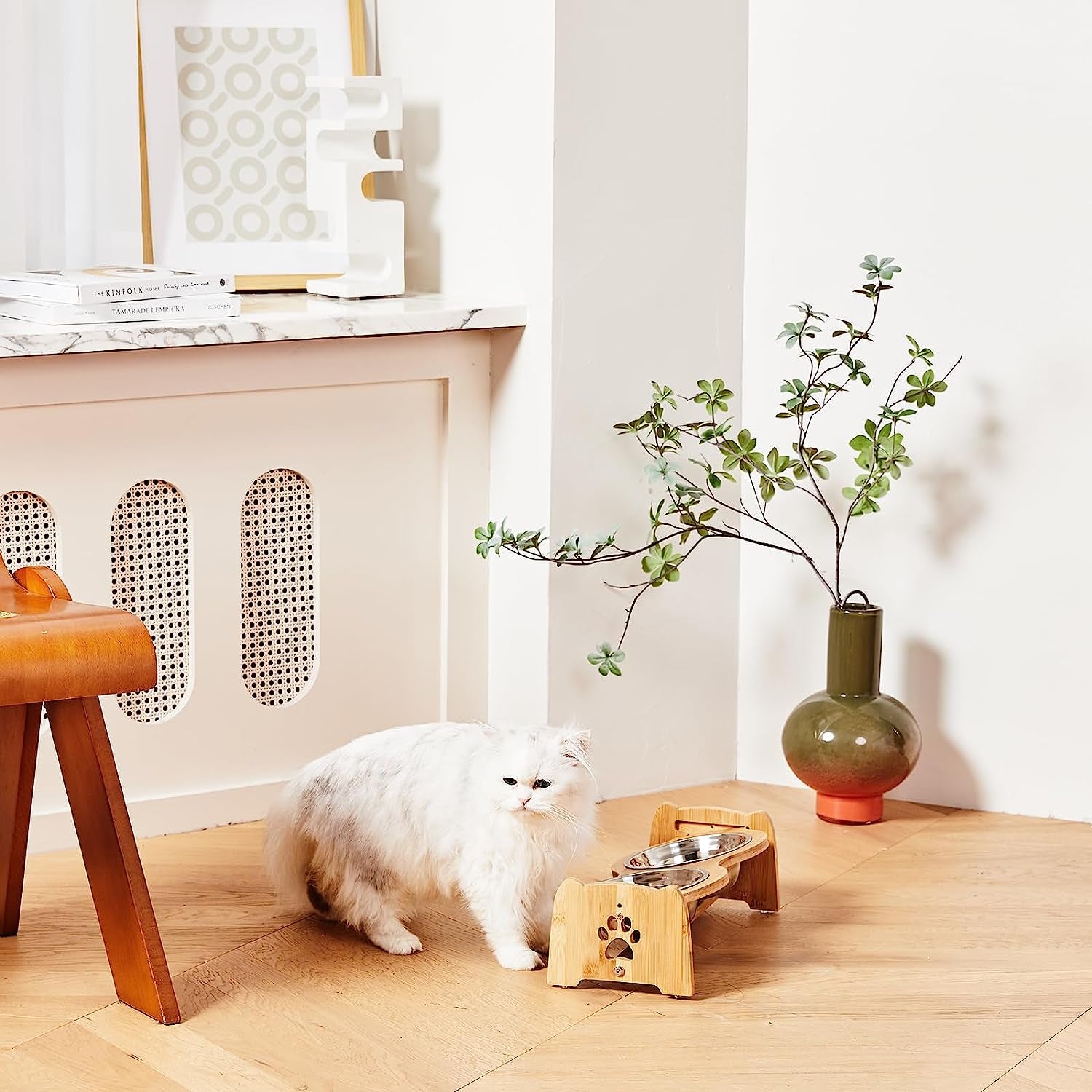 Adjustable Bamboo Elevated Dog Bowls with 2 Stainless Steel Bowls (4”–4.5”)