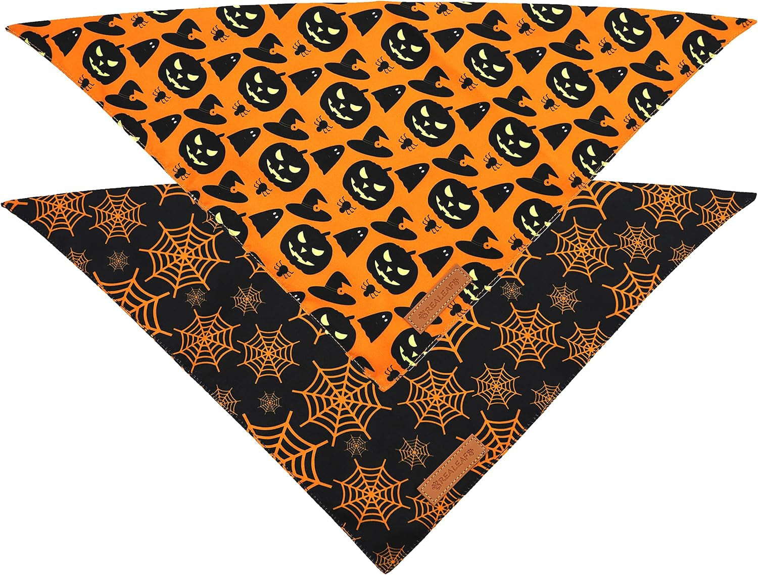 Halloween Dog Bandanas 2 Pack, Pumpkin and Spider Web Bibs (Large)