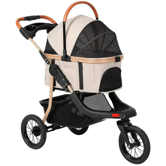 Sikaic Pet Stroller One-Click Folding Frame Traveling Strolling Cart Khaki Carrier