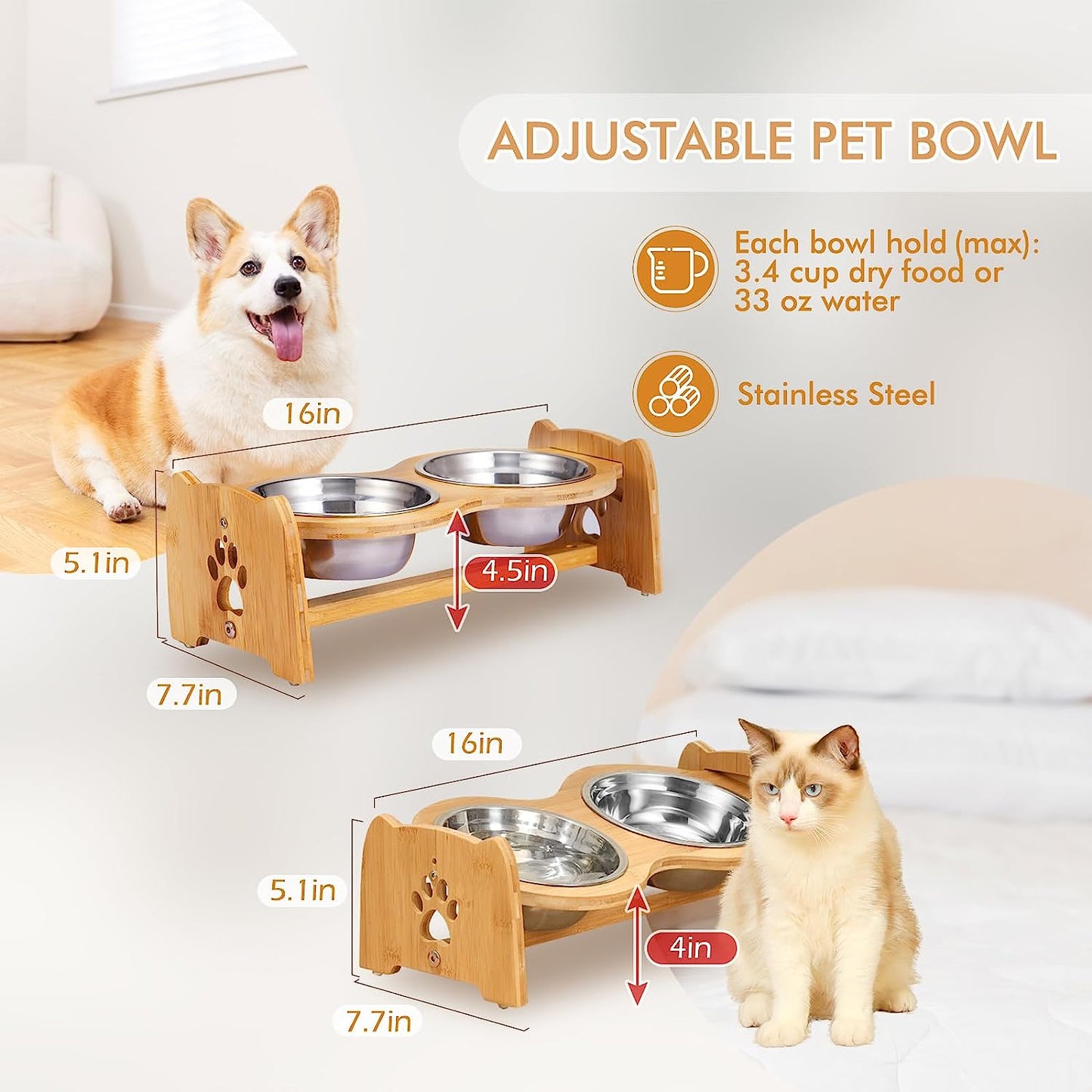 Adjustable Bamboo Elevated Dog Bowls with 2 Stainless Steel Bowls (4”–4.5”)