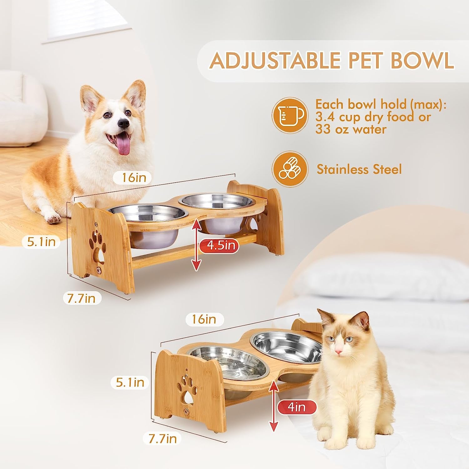 Adjustable Bamboo Elevated Dog Bowls with 2 Stainless Steel Bowls (4”–4.5”)