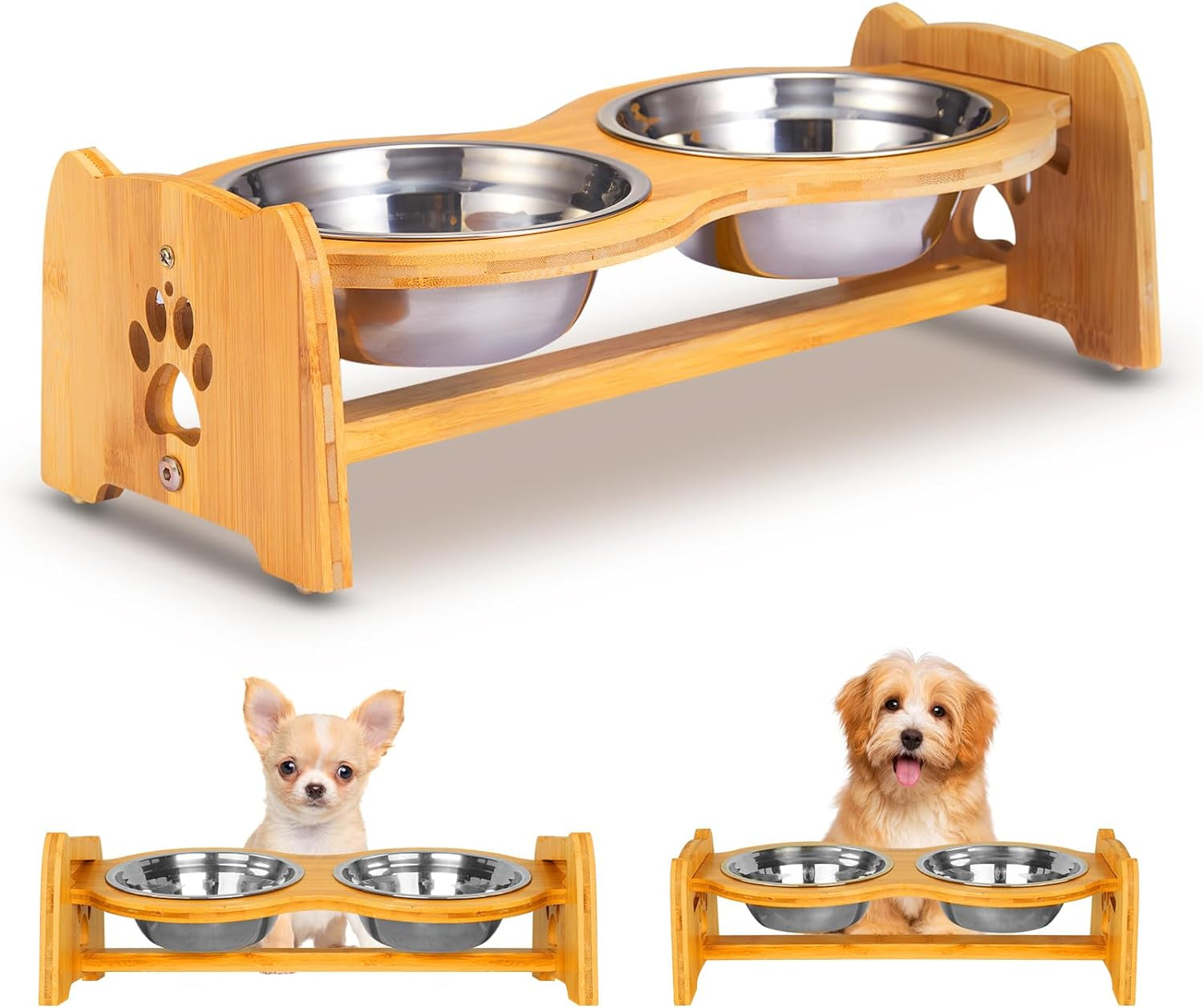 Adjustable Bamboo Elevated Dog Bowls with 2 Stainless Steel Bowls (4”–4.5”)