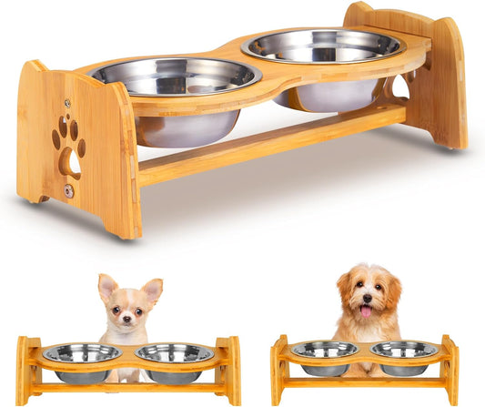 Adjustable Bamboo Elevated Dog Bowls with 2 Stainless Steel Bowls (4”–4.5”)