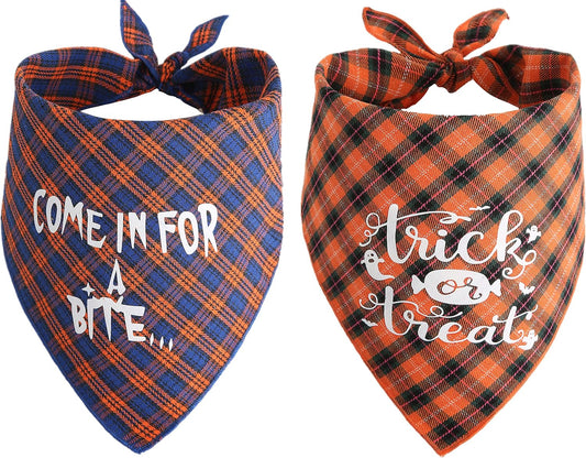 Dog Halloween Bandana, Set of 2 Plaid Halloween Scarf for Dogs Puppy