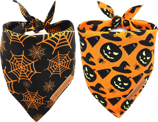 Halloween Dog Bandanas 2 Pack, Pumpkin and Spider Web Bibs (Large)