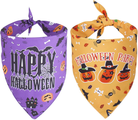 2-Pack Halloween Dog Bandanas – Reversible Triangle Scarves (Purple & Yellow)