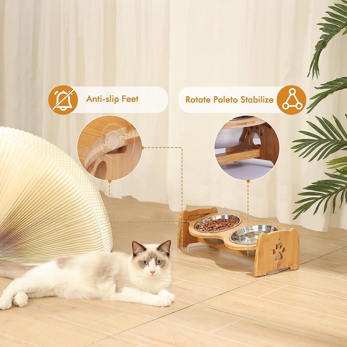 Adjustable Bamboo Elevated Dog Bowls with 2 Stainless Steel Bowls (4”–4.5”)