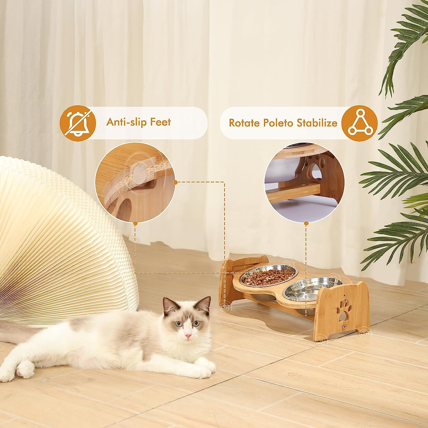 Adjustable Bamboo Elevated Dog Bowls with 2 Stainless Steel Bowls (4”–4.5”)