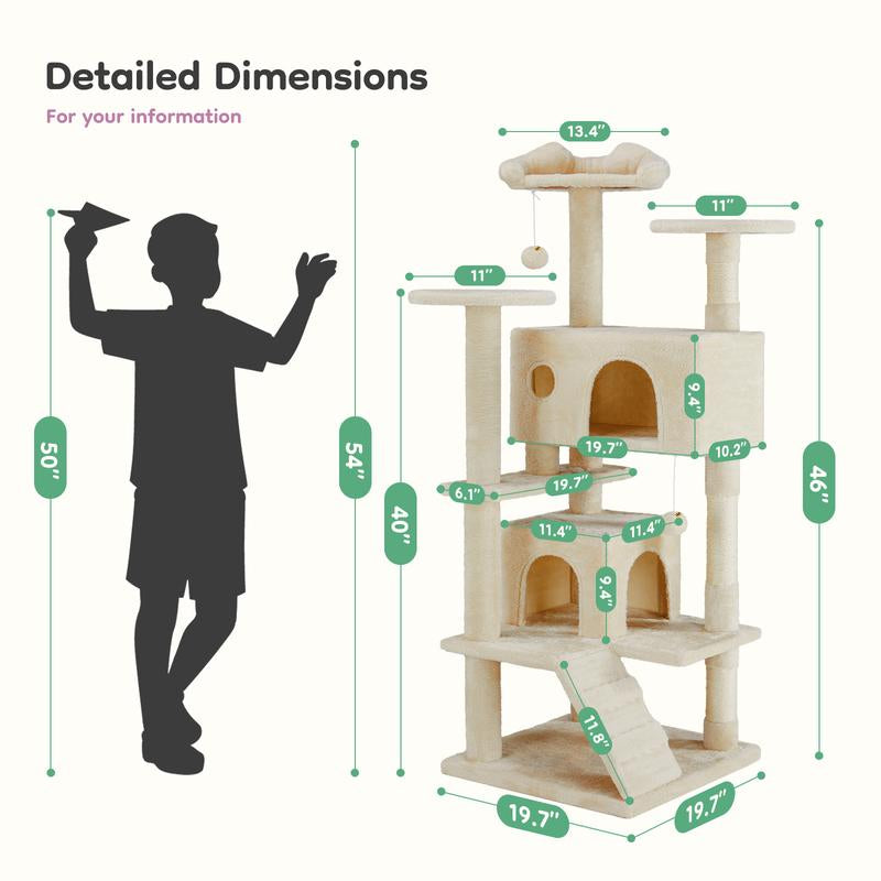 54-Inch Cat Tree Tower – Multi-Level with Sisal Scratching Post