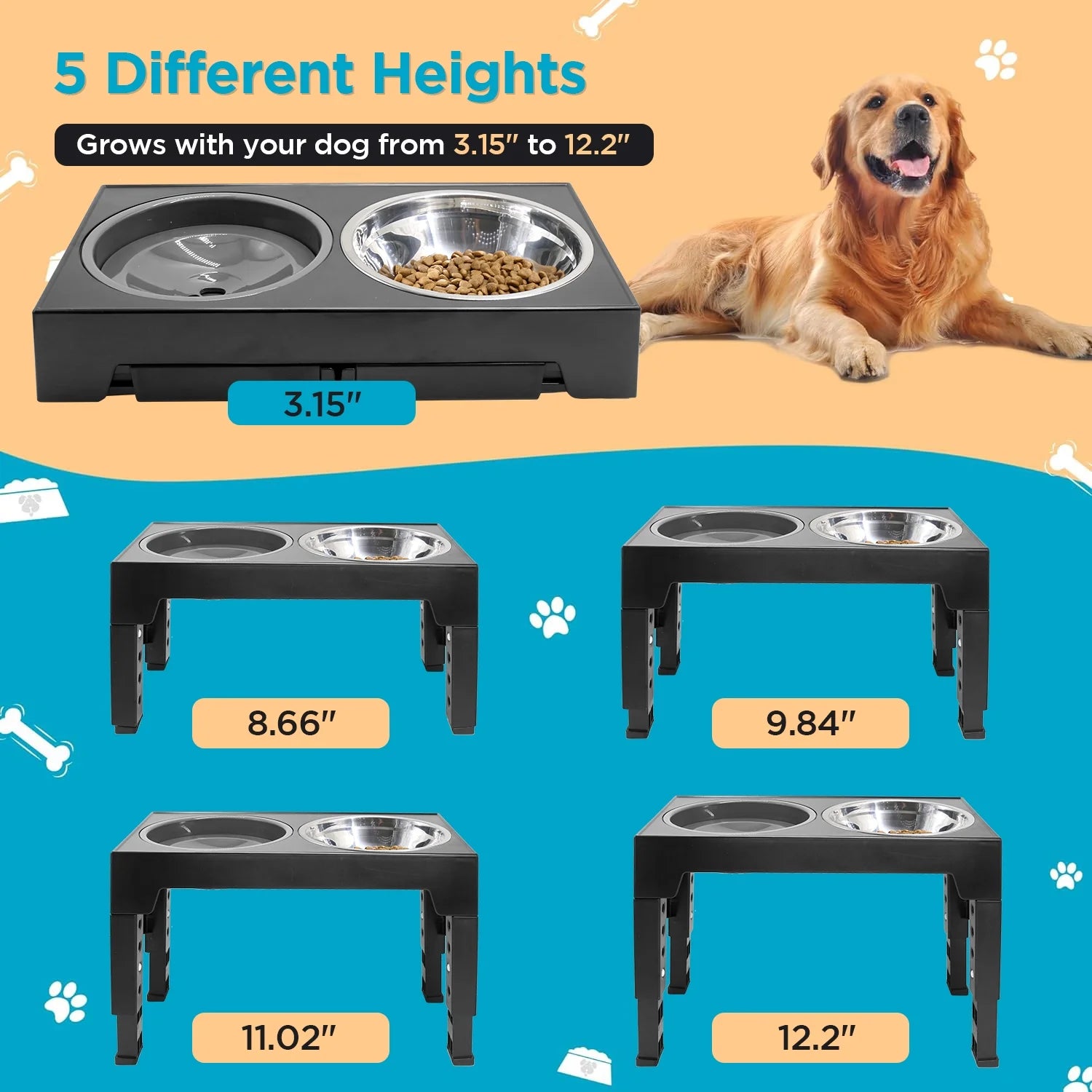 Adjustable Elevated Dog Bowl Stand with Stainless Steel Bowl (5 Heights)