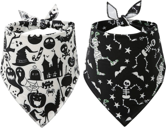 Halloween Bandana for Dogs, 2 Pack White and Black Halloween Dog Scarf